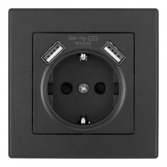 Комплект розетки с заземлением, шторками, рамкой однопостовой + 2 USB Arte Milano SET06-1-47-1 black от ImperiumLoft