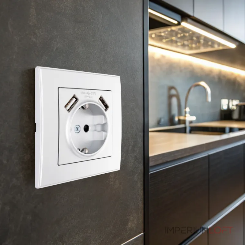 Комплект розетки с заземлением, шторками, рамкой однопостовой + 2 USB Arte Milano SET06-1-47-1 silver от ImperiumLoft