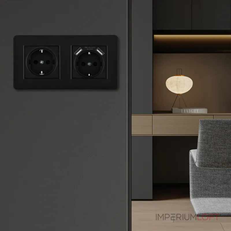 Розетка двойная (двухпостовая) c заземление и шторками + 2USB Arte Milano SET16-2-47-1-40-1 black от ImperiumLoft