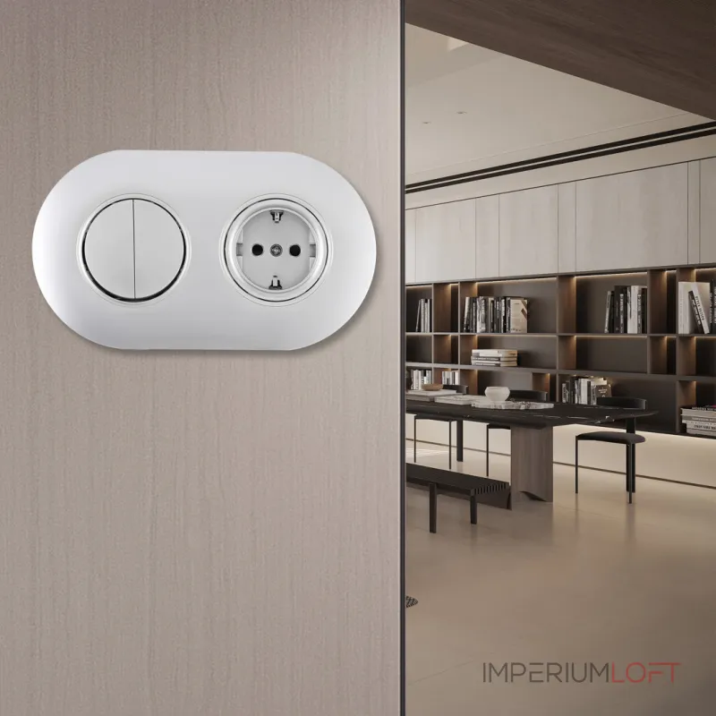 Выключатель круглый двухклавишный с розеткой, заземлением, шторками Arte Milano SET08-2-40-1-30-2 silver от ImperiumLoft