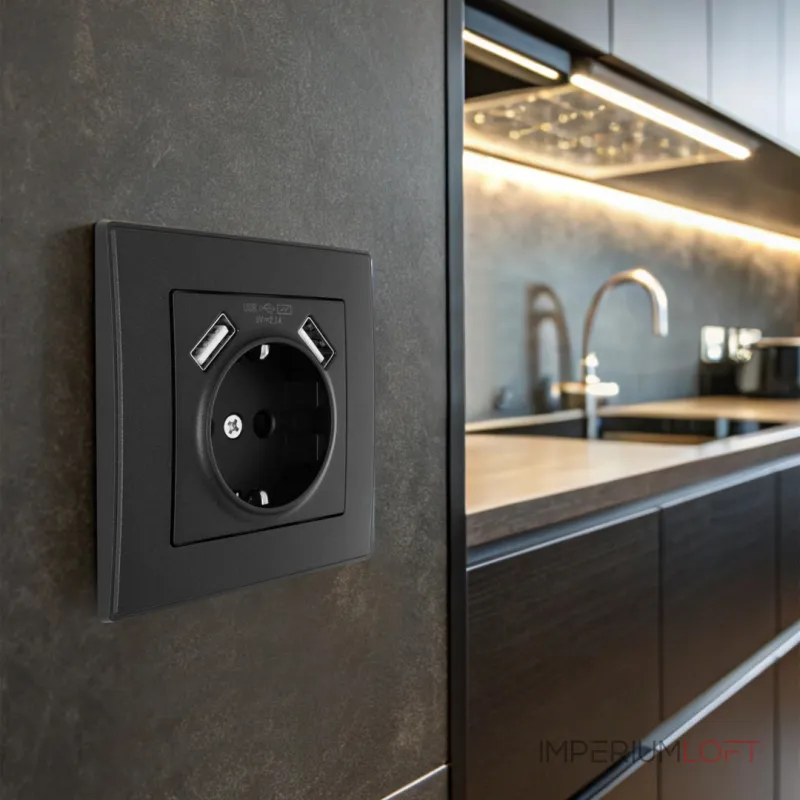 Комплект розетки с заземлением, шторками, рамкой однопостовой + 2 USB Arte Milano SET06-1-47-1 black