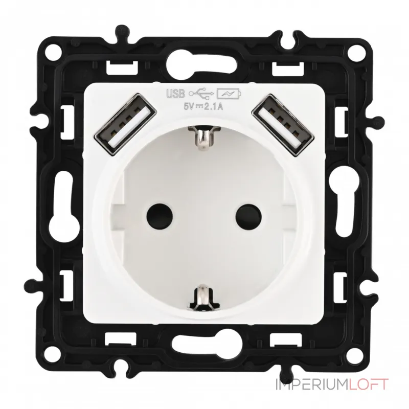 Розетка с заземлением, шторками + 2 USB, 16A 250V, USB DC 5V 2.1A 217.47-1.white