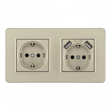 Розетка двойная (двухпостовая) c заземление и шторками + 2USB Arte Milano SET16-2-47-1-40-1 shampan