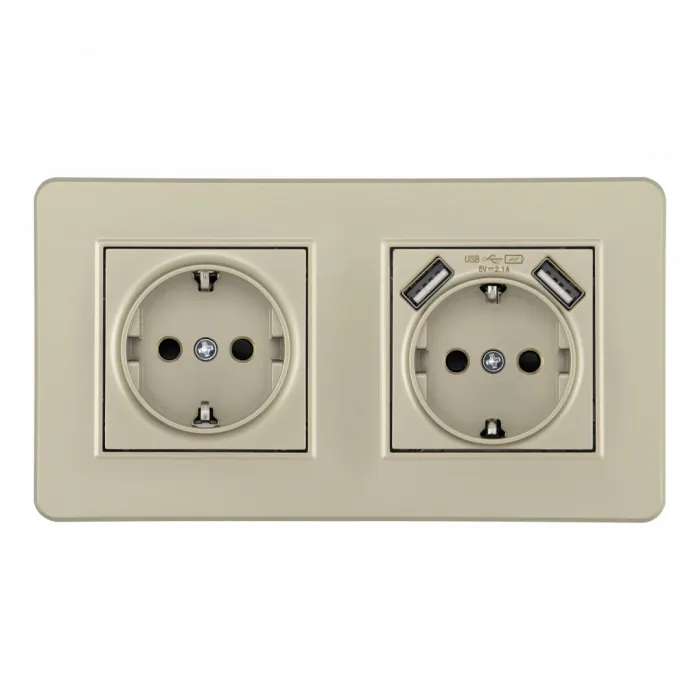 Розетка двойная (двухпостовая) c заземление и шторками + 2USB Arte Milano SET16-2-47-1-40-1 shampan от ImperiumLoft