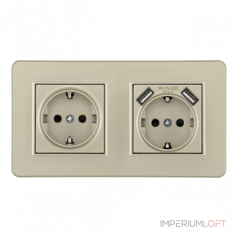 Розетка двойная (двухпостовая) c заземление и шторками + 2USB Arte Milano SET16-2-47-1-40-1 shampan