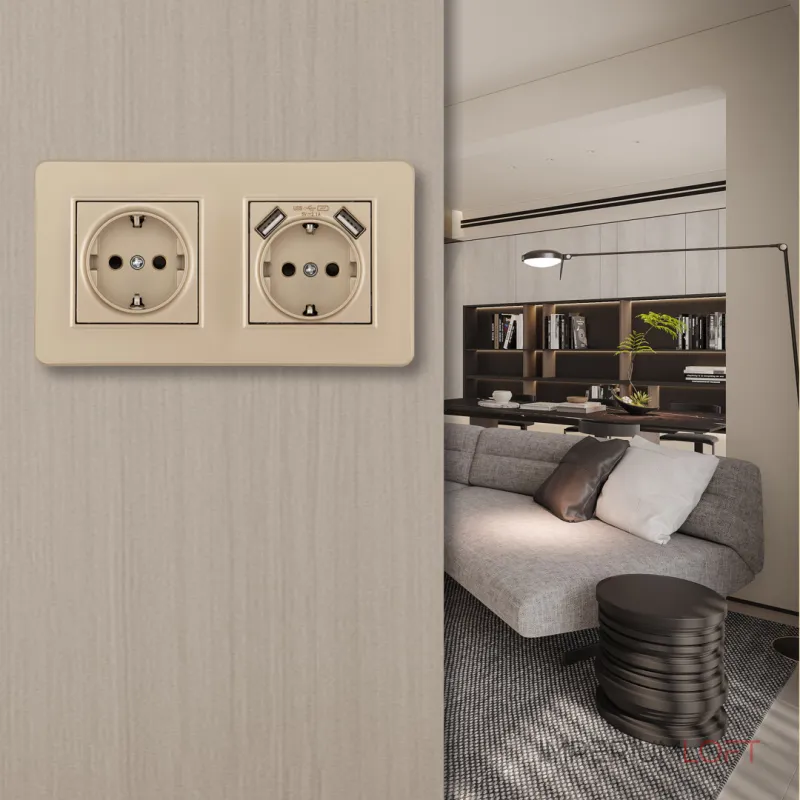 Розетка двойная (двухпостовая) c заземление и шторками + 2USB Arte Milano SET16-2-47-1-40-1 shampan
