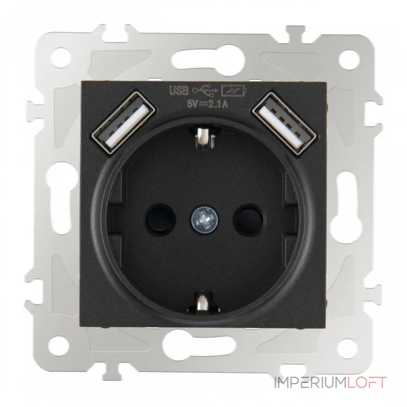 Розетка с заземлением, шторками + USB, 16A 250V, USB DC 5V 2.1A 203.47-1.black от ImperiumLoft
