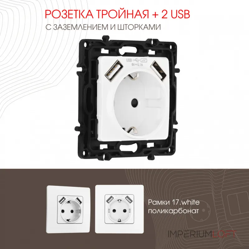 Розетка с заземлением, шторками + 2 USB, 16A 250V, USB DC 5V 2.1A 217.47-1.white