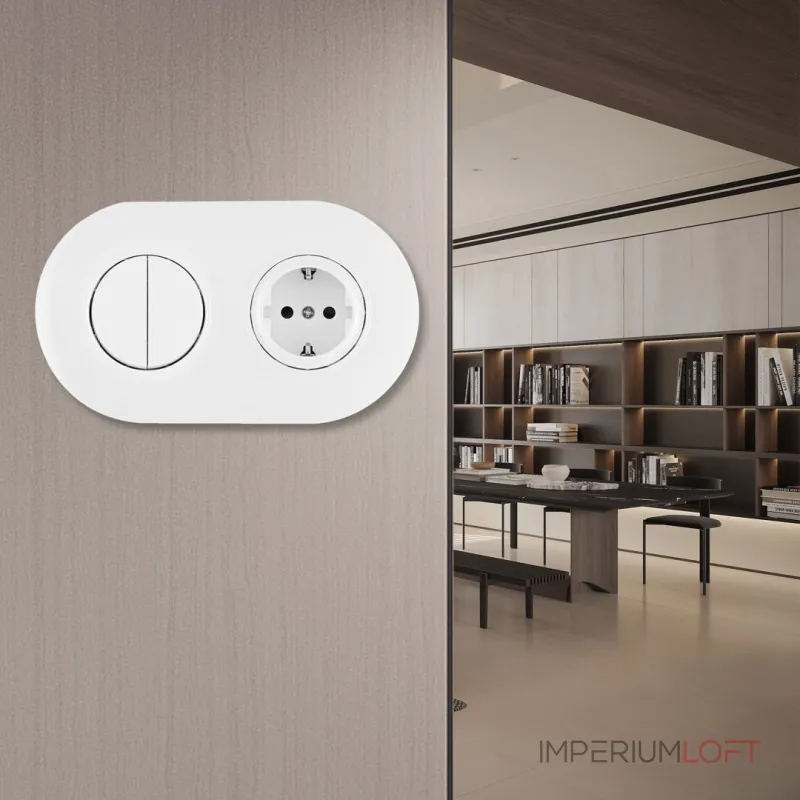 Выключатель круглый двухклавишный с розеткой, заземлением, шторками Arte Milano SET08-2-40-1-30-2 white от ImperiumLoft