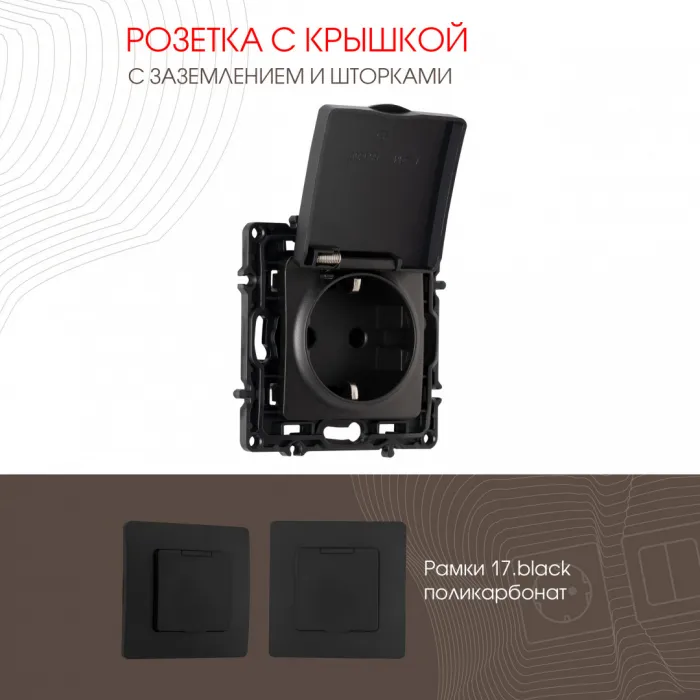 Розетка с заземлением, шторками и защитной крышкой, 16A 250V 217.41-1.black от ImperiumLoft