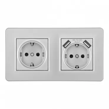 Розетка двойная (двухпостовая) c заземление и шторками + 2USB Arte Milano SET16-2-47-1-40-1 silver