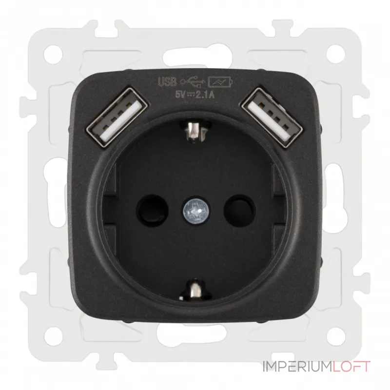 Розетка с заземлением, шторками + 2 USB, 16A 250V, USB DC 5V 2.1A 205.47-1.black