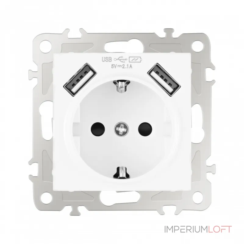 Розетка с заземлением, шторками + 2 USB, 16A 250V, USB DC 5V 2.1A 206.47-1.white
