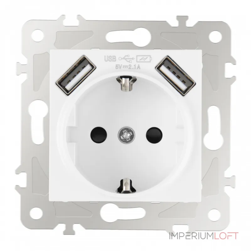 Розетка с заземлением, шторками + USB, 16A 250V, USB DC 5V 2.1A 203.47-1.white