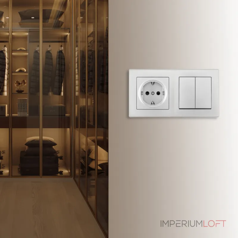 Выключатель двухклавишный с розеткой, заземлением, шторками Arte Milano SET06-2-30-2-40-1 silver от ImperiumLoft