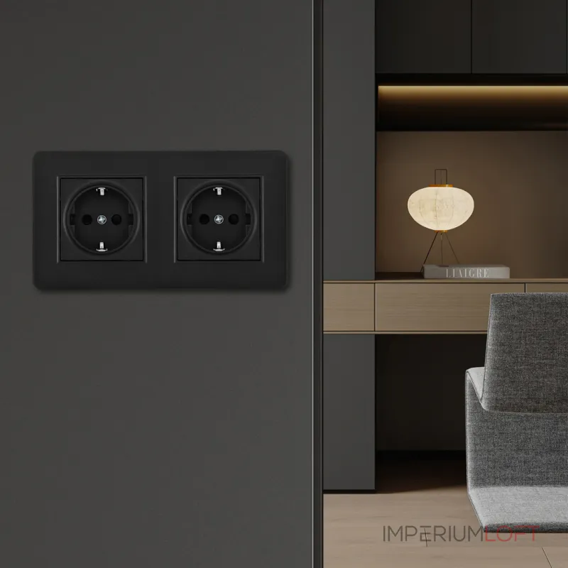 Розетка двойная (двухпостовая) с заземлением и шторками Arte Milano SET16-2-40-1x2 black от ImperiumLoft