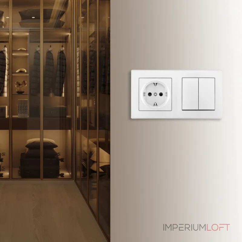 Выключатель двухклавишный с розеткой, заземлением, шторками Arte Milano SET06-2-30-2-40-1 white от ImperiumLoft