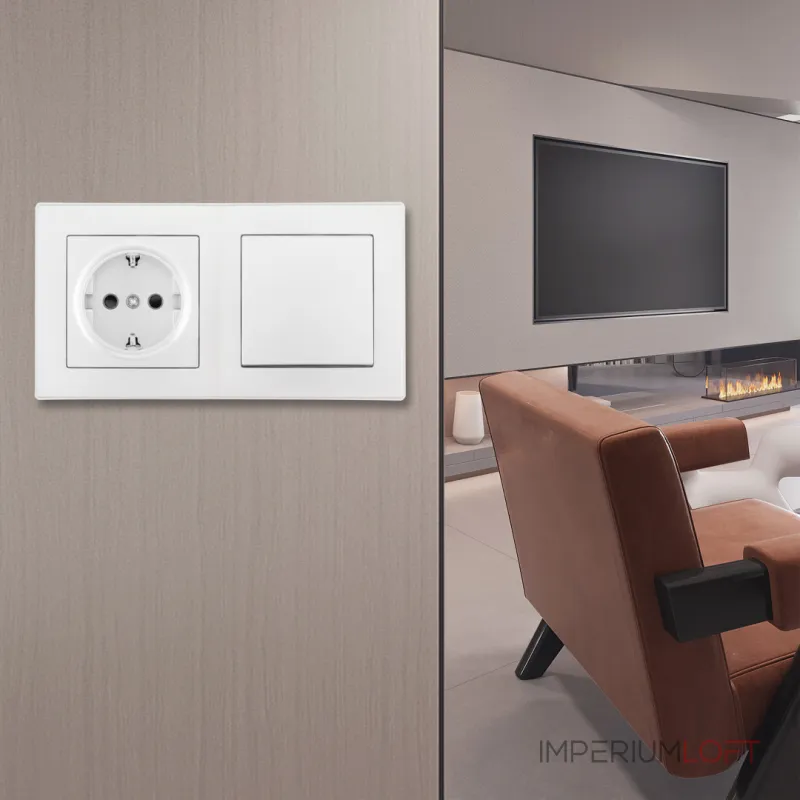 Выключатель одноклавишный с розеткой, заземлением, шторками Arte Milano SET16-2-40-1-30-1 white от ImperiumLoft