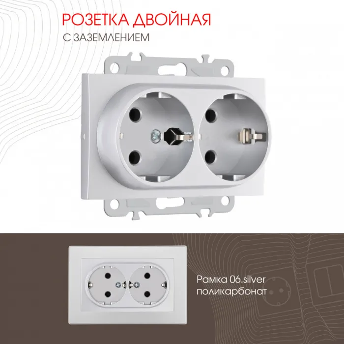 Розетка двойная с заземлением, 16A 250V 206.40-2.silver от ImperiumLoft