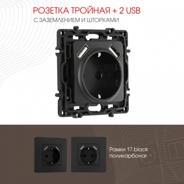 Розетка с заземлением, шторками + 2 USB, 16A 250V, USB DC 5V 2.1A 217.47-1.black Розетка с заземлением, шторками + 2 USB, 16A 250V, USB DC 5V 2.1A 217.47-1.black