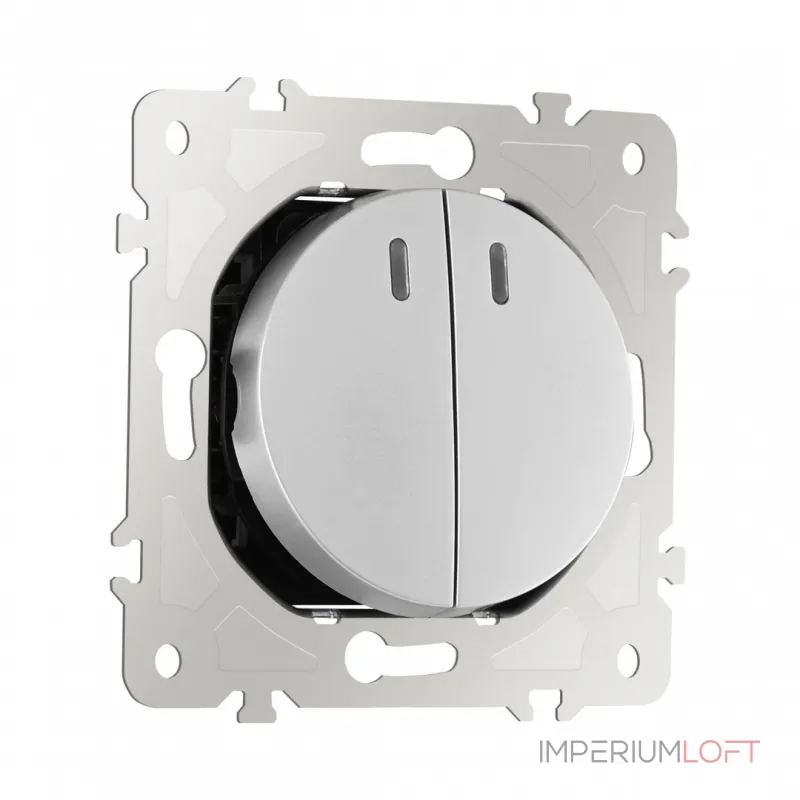 Выключатель двухклавишный проходной (на 2 направления) с подсветкой, 10AX 250V 202.33-2.silver от ImperiumLoft