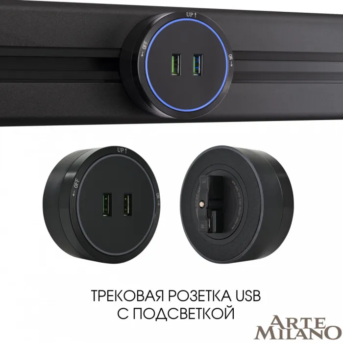 Трековая розетка, 2.1A 250V 380066TS LED/USBx2 Black от ImperiumLoft