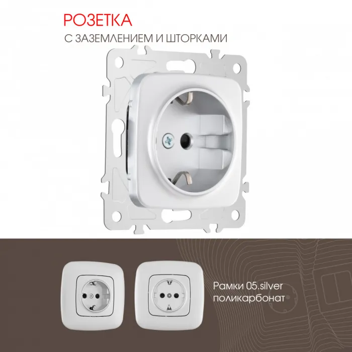 Розетка с заземлением и шторками, 16A 250V 205.40-1.silver от ImperiumLoft