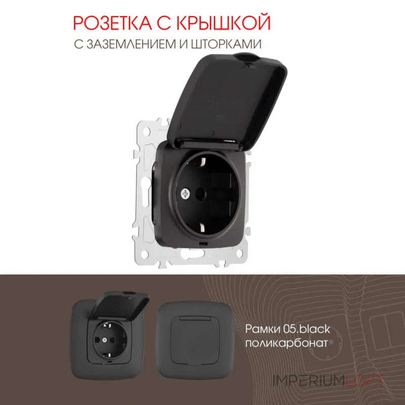 Розетка с заземлением, шторками и защитной крышкой, 16A 250V 205.41-1.black
