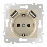 Розетка с заземлением, шторками + USB, 16A 250V, USB DC 5V 2.1A 203.47-1.shampan