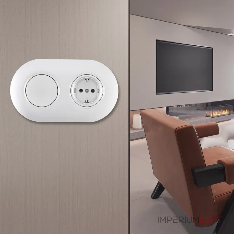 Выключатель круглый одноклавишный с розеткой, заземлением, шторками Arte Milano SET08-2-40-1-30-1 white от ImperiumLoft