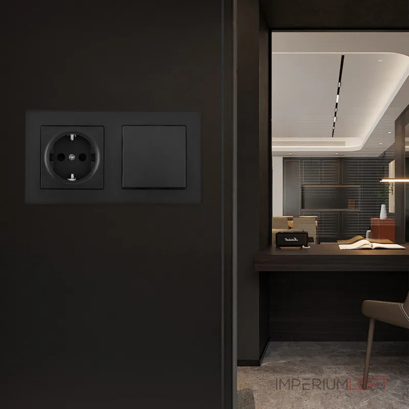 Выключатель одноклавишный с розеткой, заземлением, шторками Arte Milano SET06-2-30-1-40-1 black от ImperiumLoft