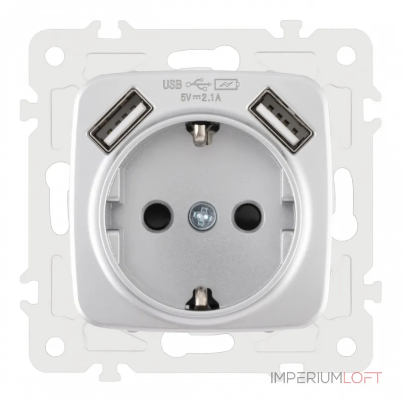 Розетка с заземлением, шторками + 2 USB, 16A 250V, USB DC 5V 2.1A 205.47-1.silver