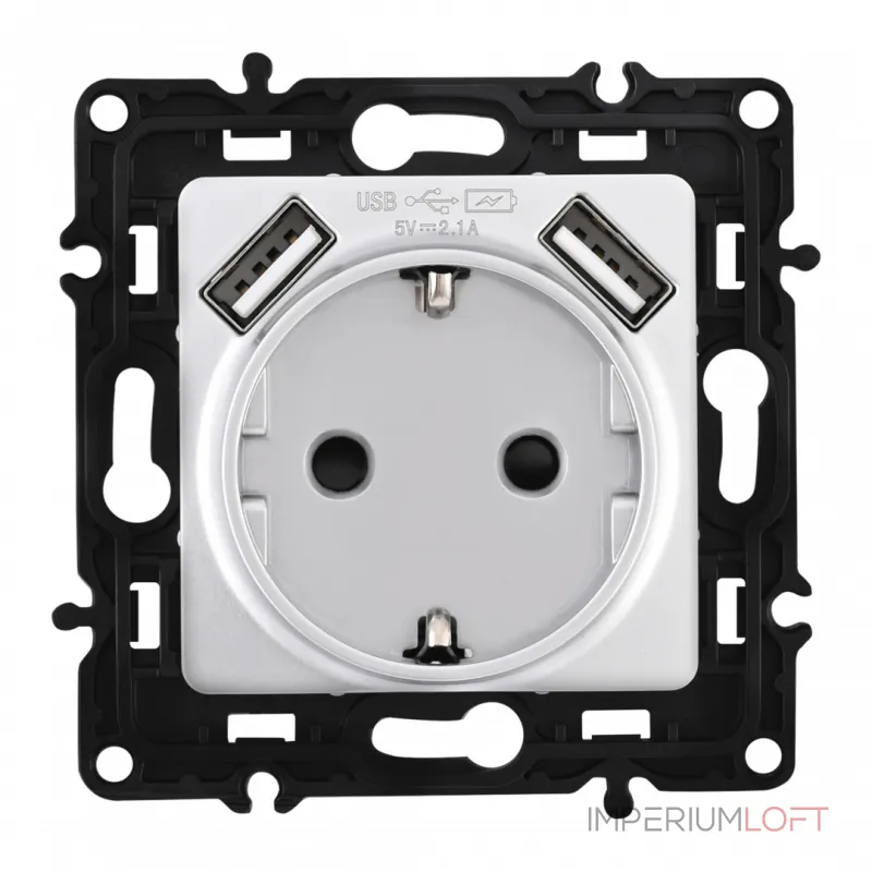Розетка с заземлением, шторками + 2 USB, 16A 250V, USB DC 5V 2.1A 217.47-1.silver от ImperiumLoft