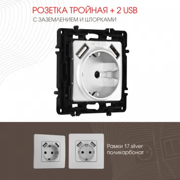 Розетка с заземлением, шторками + 2 USB, 16A 250V, USB DC 5V 2.1A 217.47-1.silver Розетка с заземлением, шторками + 2 USB, 16A 250V, USB DC 5V 2.1A 217.47-1.silver