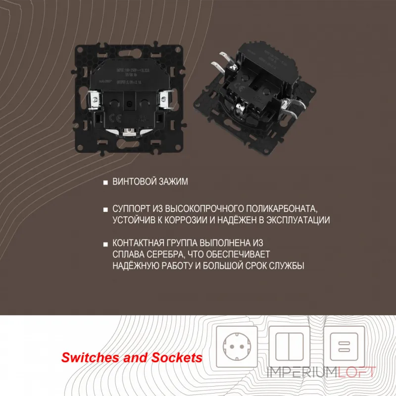 Розетка с заземлением, шторками + 2 USB, 16A 250V, USB DC 5V 2.1A 217.47-1.silver от ImperiumLoft