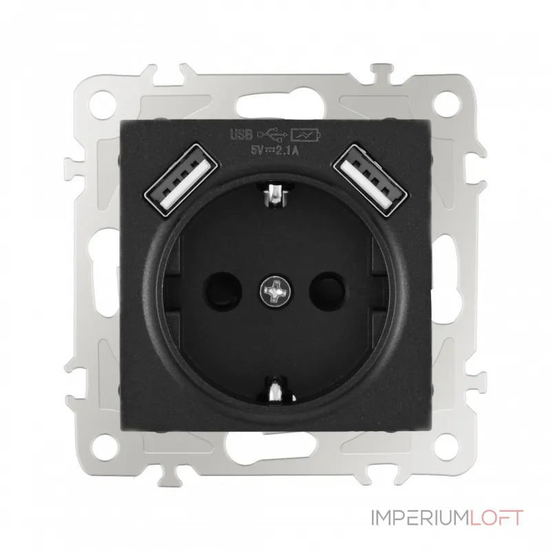 Розетка с заземлением, шторками + 2 USB, 16A 250V, USB DC 5V 2.1A 206.47-1.black от ImperiumLoft