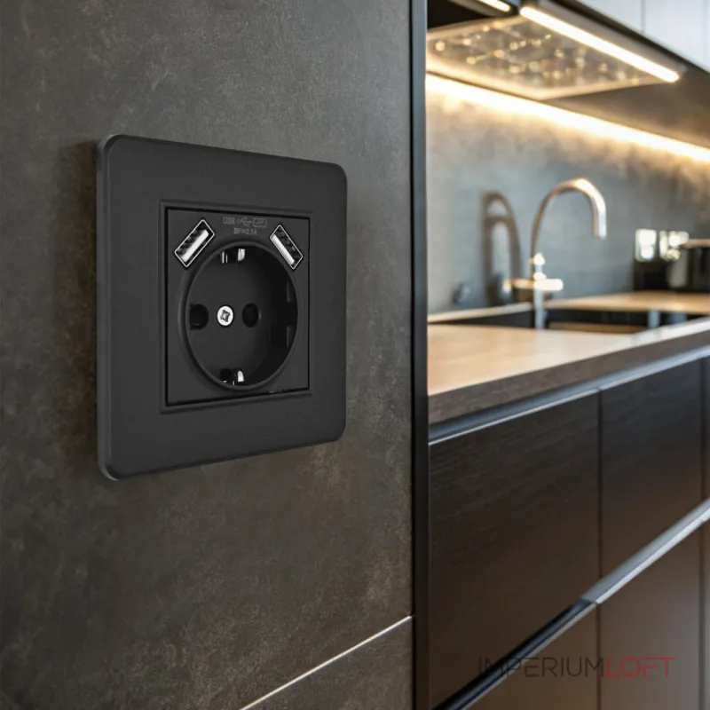 Комплект розетки с заземлением, шторками, рамкой однопостовой + 2 USB Arte Milano SET16-1-47-1 black от ImperiumLoft