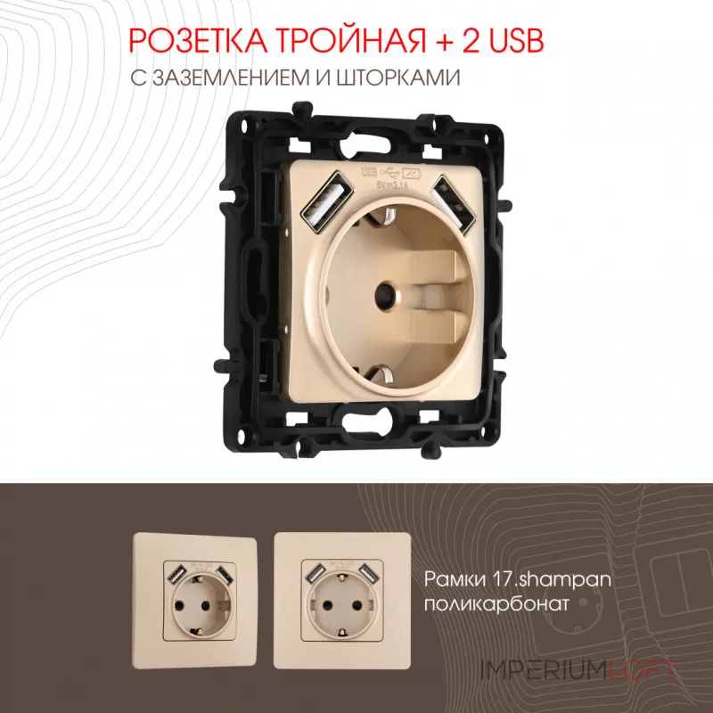 Розетка с заземлением, шторками + 2 USB, 16A 250V, USB DC 5V 2.1A 217.47-1.shampan Розетка с заземлением, шторками + 2 USB, 16A 250V, USB DC 5V 2.1A 217.47-1.shampan