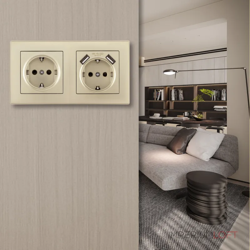 Розетка двойная (двухпостовая) c заземление и шторками + 2USB Arte Milano SET06-2-47-1-40-1 shampan