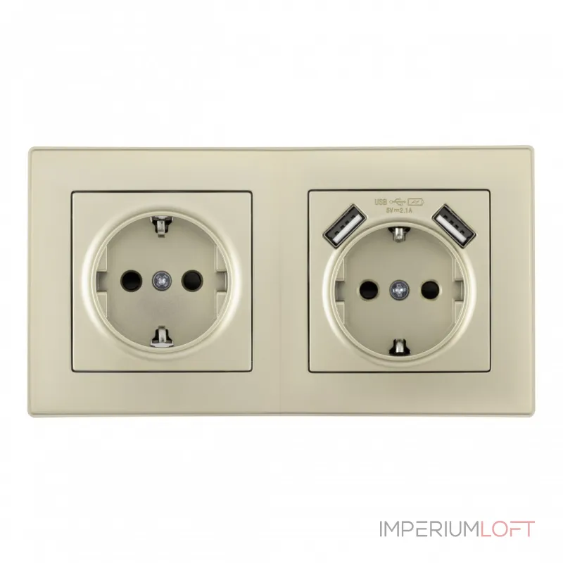 Розетка двойная (двухпостовая) c заземление и шторками + 2USB Arte Milano SET06-2-47-1-40-1 shampan