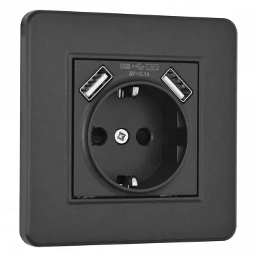Комплект розетки с заземлением, шторками, рамкой однопостовой + 2 USB Arte Milano SET16-1-47-1 black