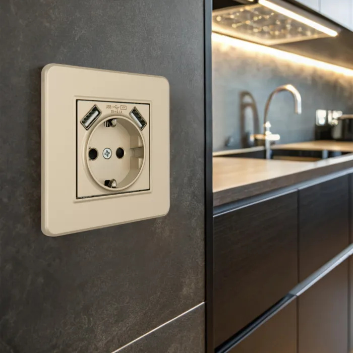 Комплект розетки с заземлением, шторками, рамкой однопостовой + 2 USB Arte Milano SET16-1-47-1 shampan от ImperiumLoft