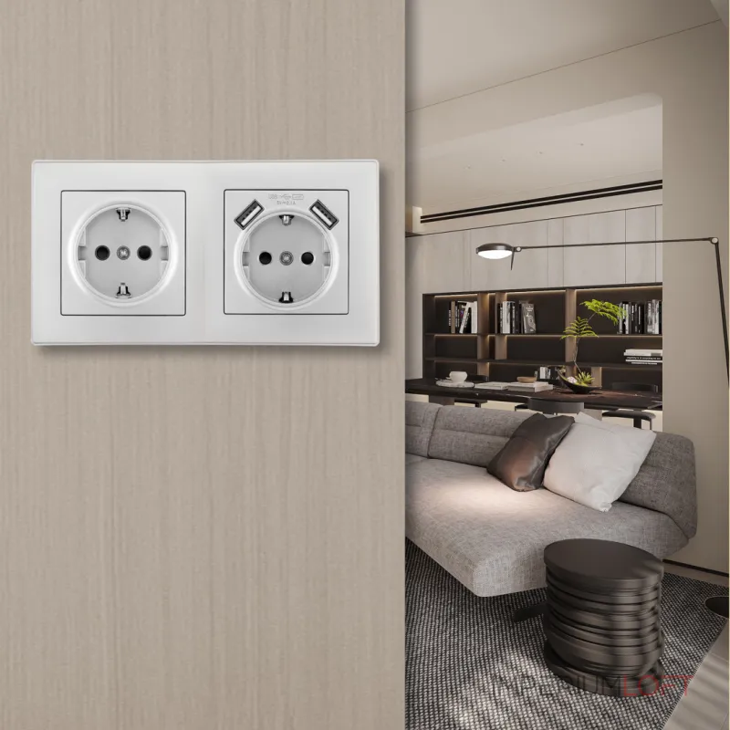 Розетка двойная (двухпостовая) c заземление и шторками + 2USB Arte Milano SET06-2-47-1-40-1 silver
