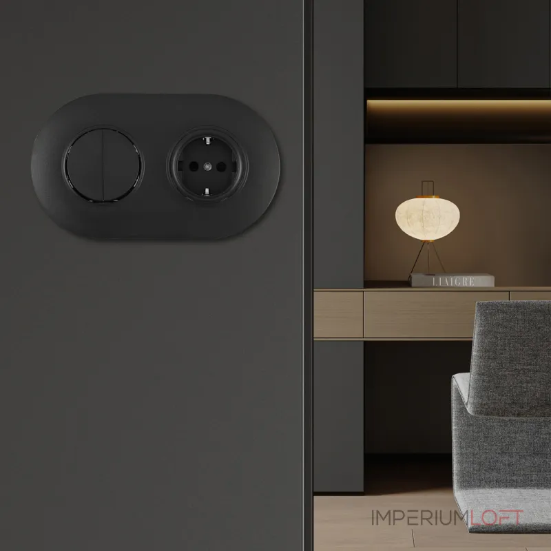 Выключатель круглый двухклавишный с розеткой, заземлением, шторками Arte Milano SET08-2-40-1-30-2 black от ImperiumLoft