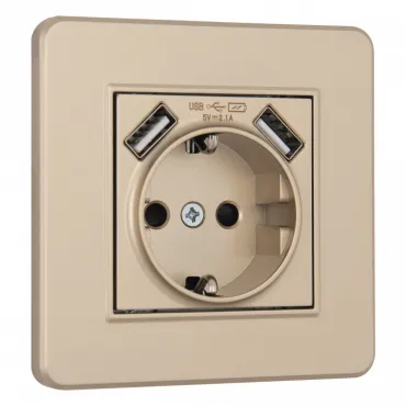 Комплект розетки с заземлением, шторками, рамкой однопостовой + 2 USB Arte Milano SET16-1-47-1 shampan Комплект розетки с заземлением, шторками, рамкой однопостовой + 2 USB Arte Milano SET16-1-47-1 shampan