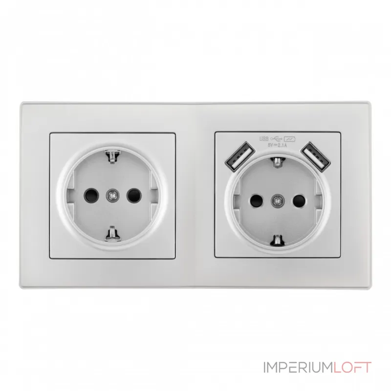 Розетка двойная (двухпостовая) c заземление и шторками + 2USB Arte Milano SET06-2-47-1-40-1 silver