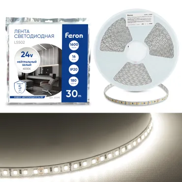 Светодиодная LED лента 180SMD(2835)/м 16Вт/м 24V 4000К 30м IP20 Feron 53090 Светодиодная LED лента 180SMD(2835)/м 16Вт/м 24V 4000К 30м IP20 Feron 53090