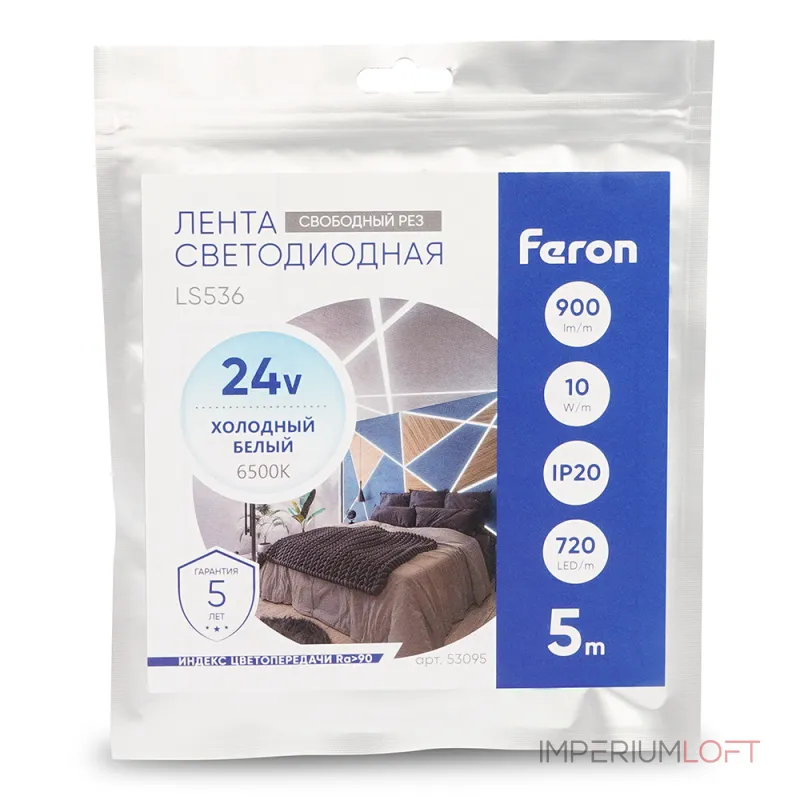 Лента светодиодная 720SMD(2110) 10Вт/м 24V 5000 IP20 6500К Feron 53095