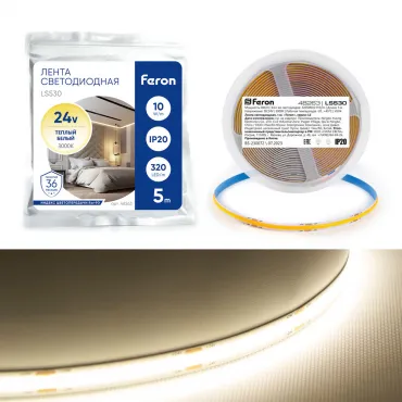 Светодиодная COB лента Feron LS530 320SMD(2110)/м 10Вт/м 24V 5000*8*1.8мм 3000К IP20 48263
