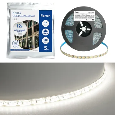 Светодиодная LED лента Feron LS626 180SMD(2835)/m 17W/m 12V 5m 4000К IP65 51639
